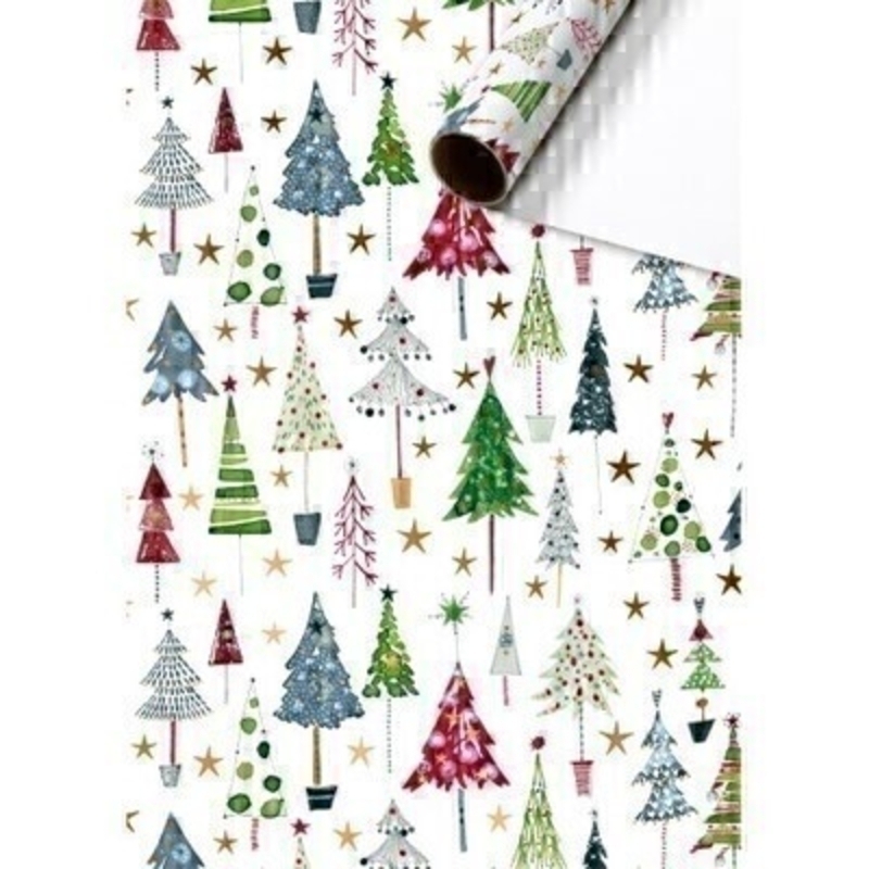 Luxury Christmas Wrapping Paper featuring colourful Christmas Trees on a white background. This festive roll of gift wrap is by Swiss designer Stewo. Quality bright white coated wrapping paper 80gsm. Approx size of roll 70cm x 2metres.